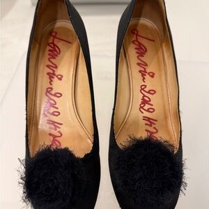 Lanvin Black Satin Heels with Pom Pom